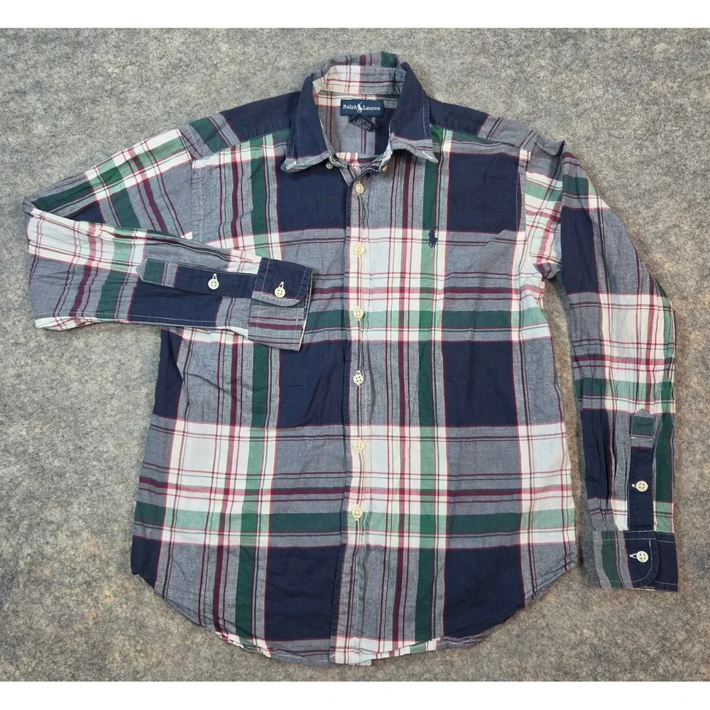 Ralph Lauren Boys Plaid Button Down Shirt Navy Green Red Cotton Size M 12/14